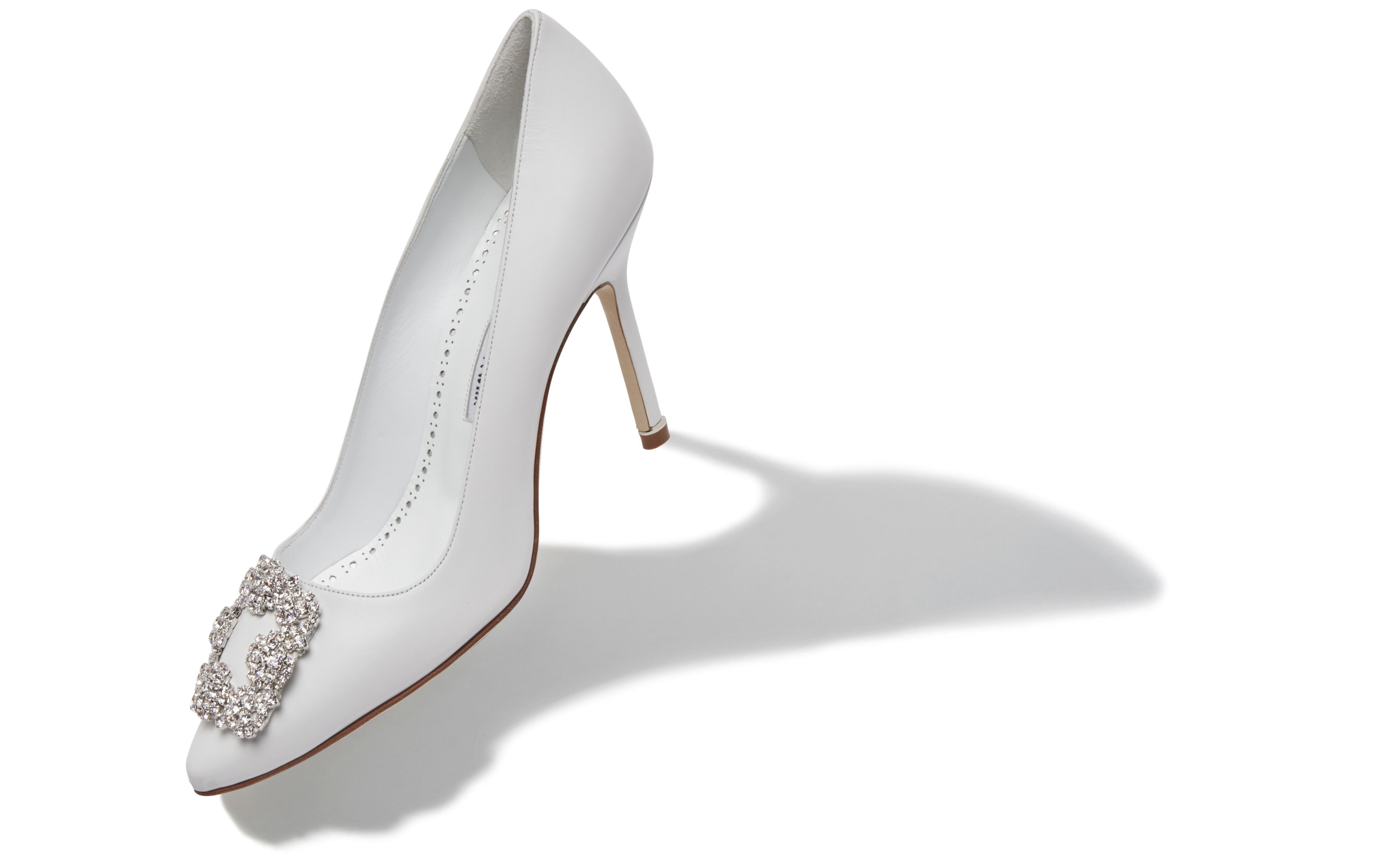 White Calf Leather Jewel Buckle Pumps - 2