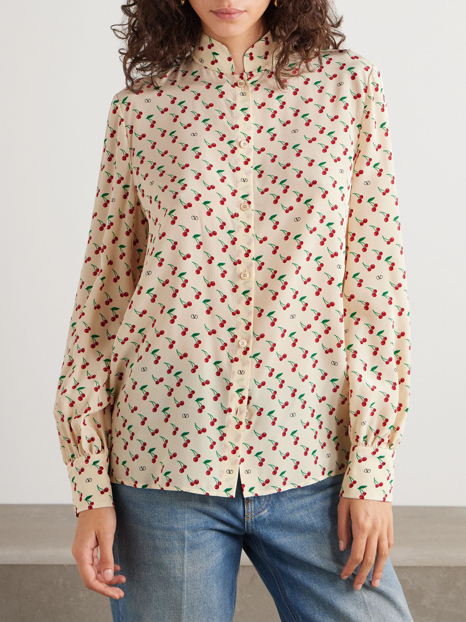Printed silk crepe de chine shirt Cream - 3