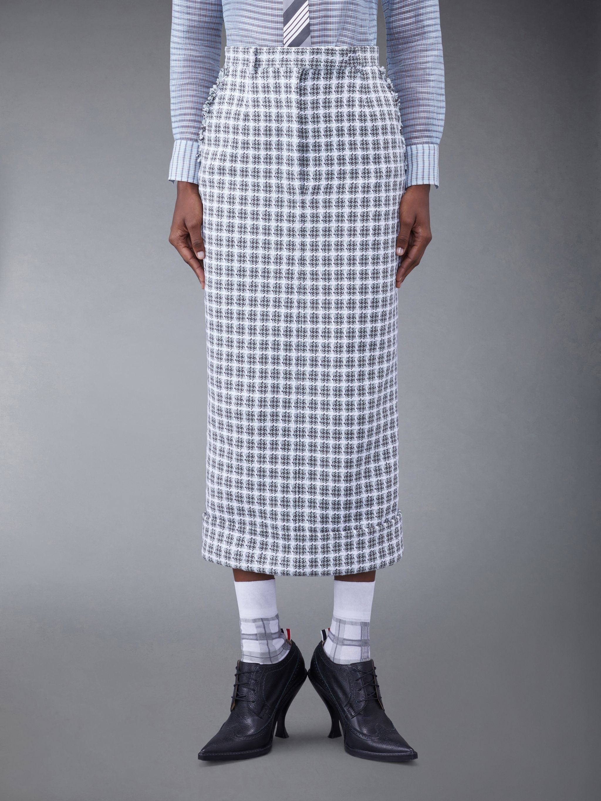 Check Summer Tweed Fray Midi High Waisted Straight Skirt - 1
