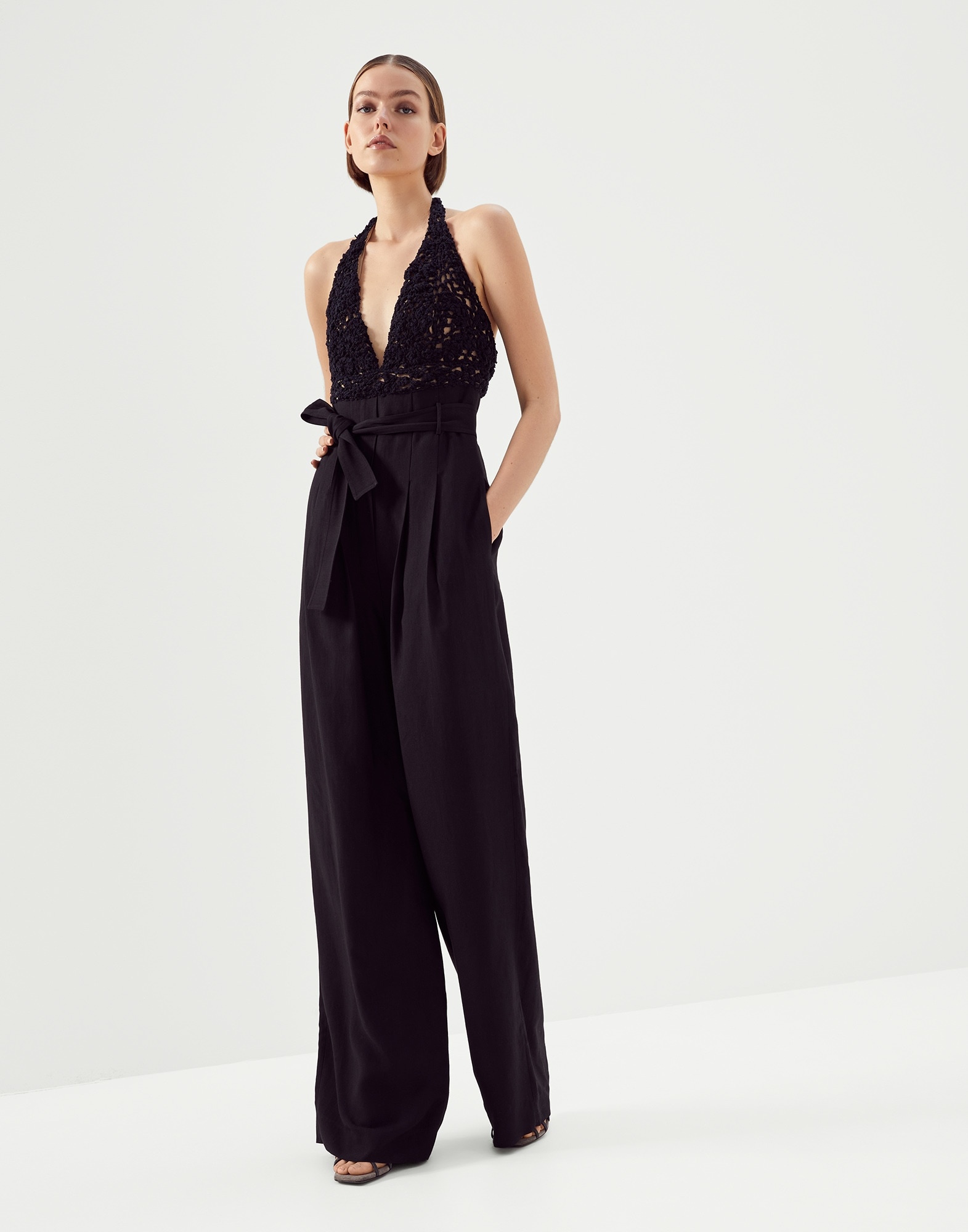 Viscose and linen fluid twill jumpsuit with handmade crochet top - 1