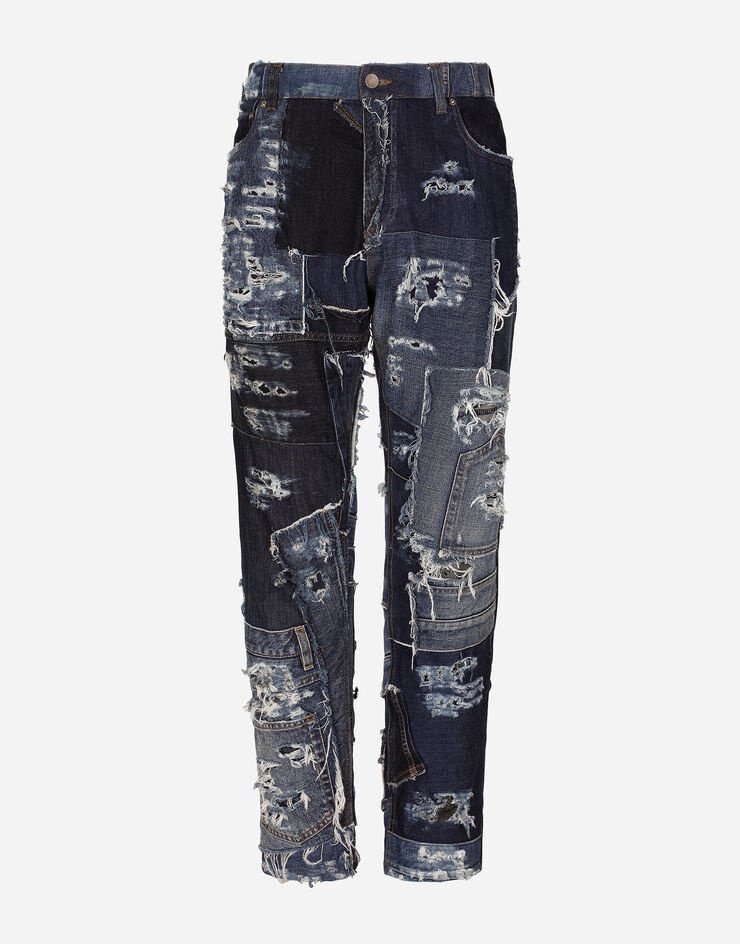 Loose patchwork denim jeans with rips - 1