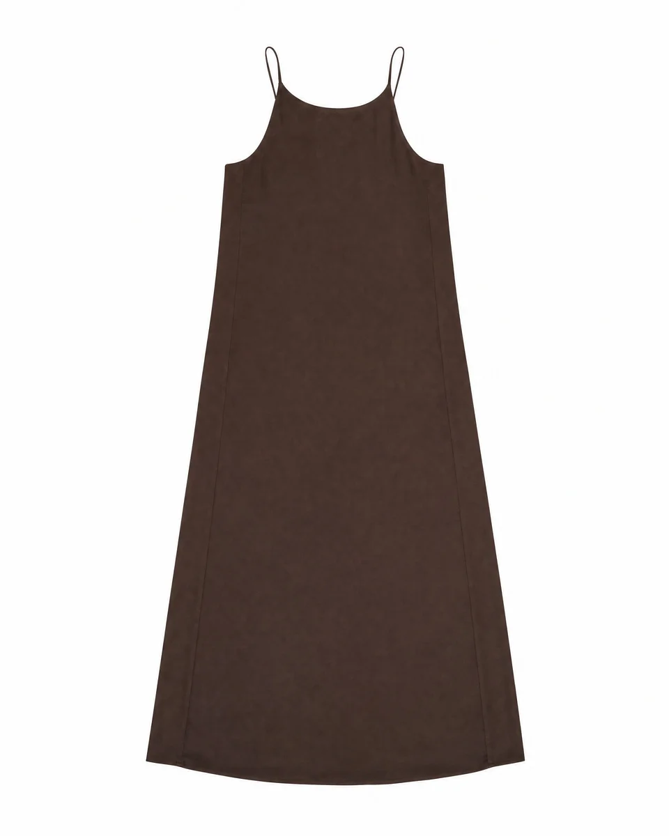 BROWN SATIN MAXI DRESS WITH A CROSSOVER BACK - 1