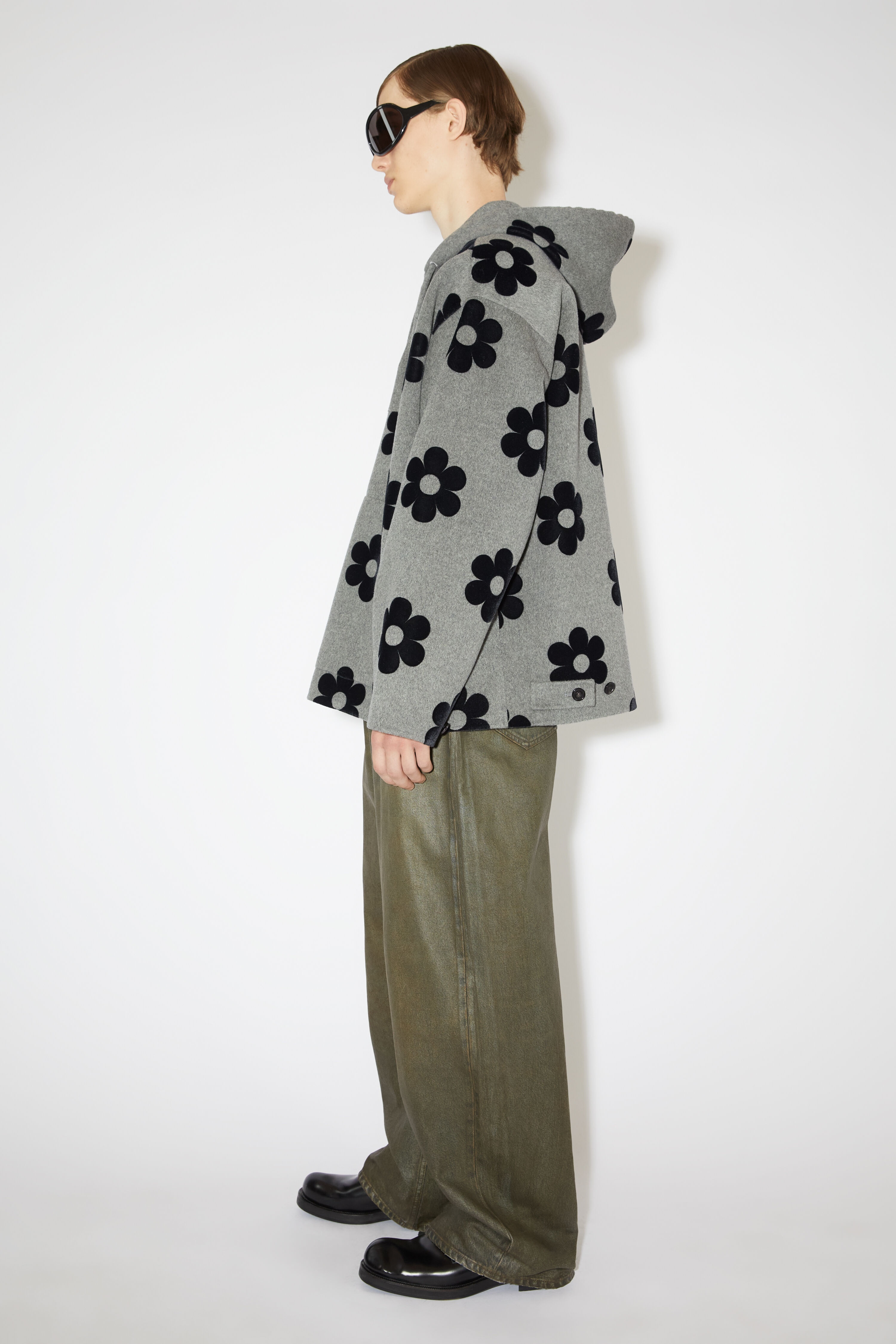 Flower wool hooded jacket - Vintage grey melange - 4