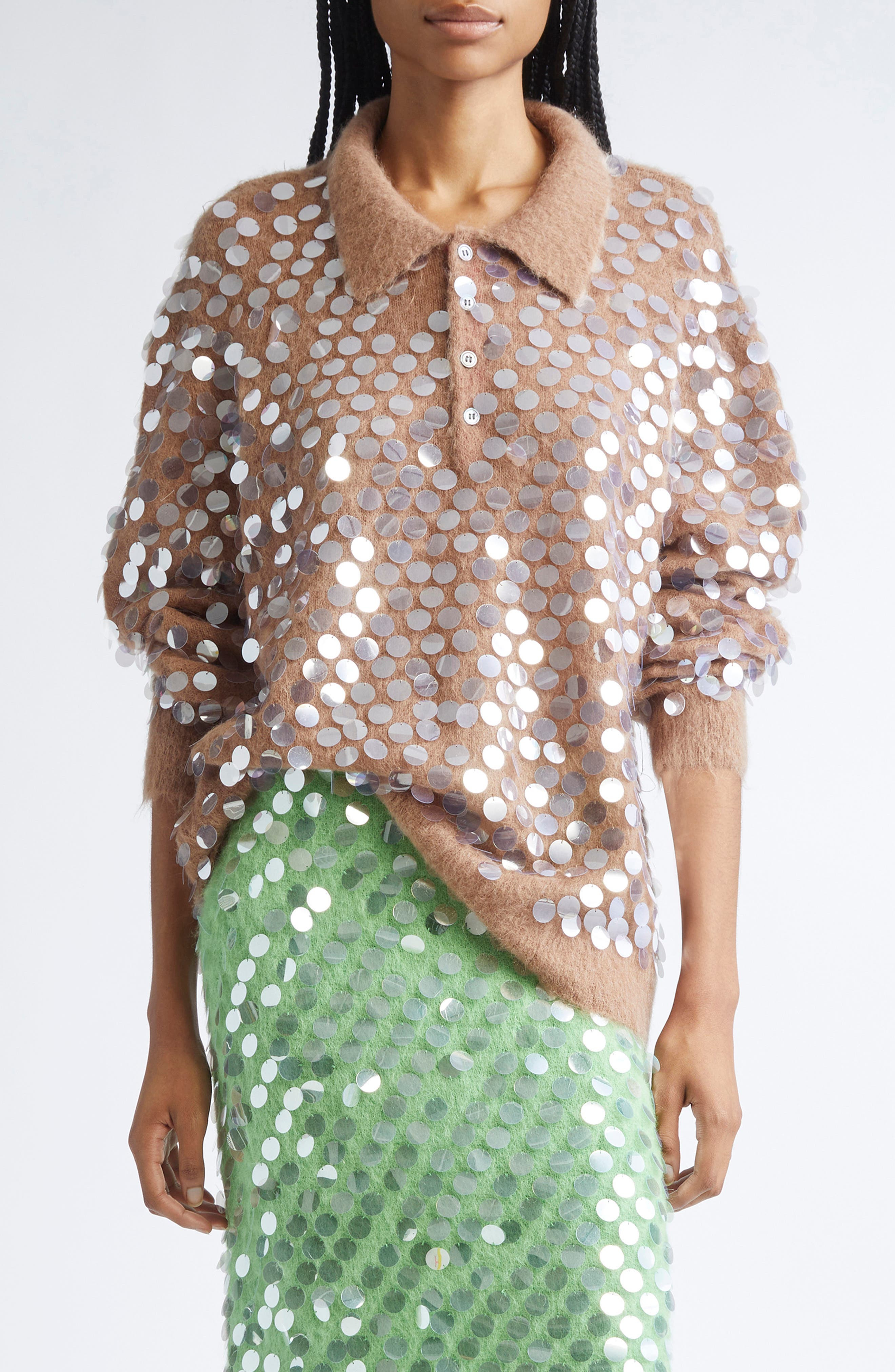 ZANKOV Adora Paillette Embellished Mohair & Alpaca Blend Cardigan in Camel at Nordstrom - 1