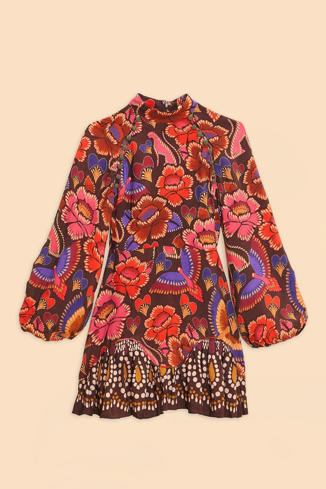 Brown Bright Flora Long Sleeve Mini Dress - 6
