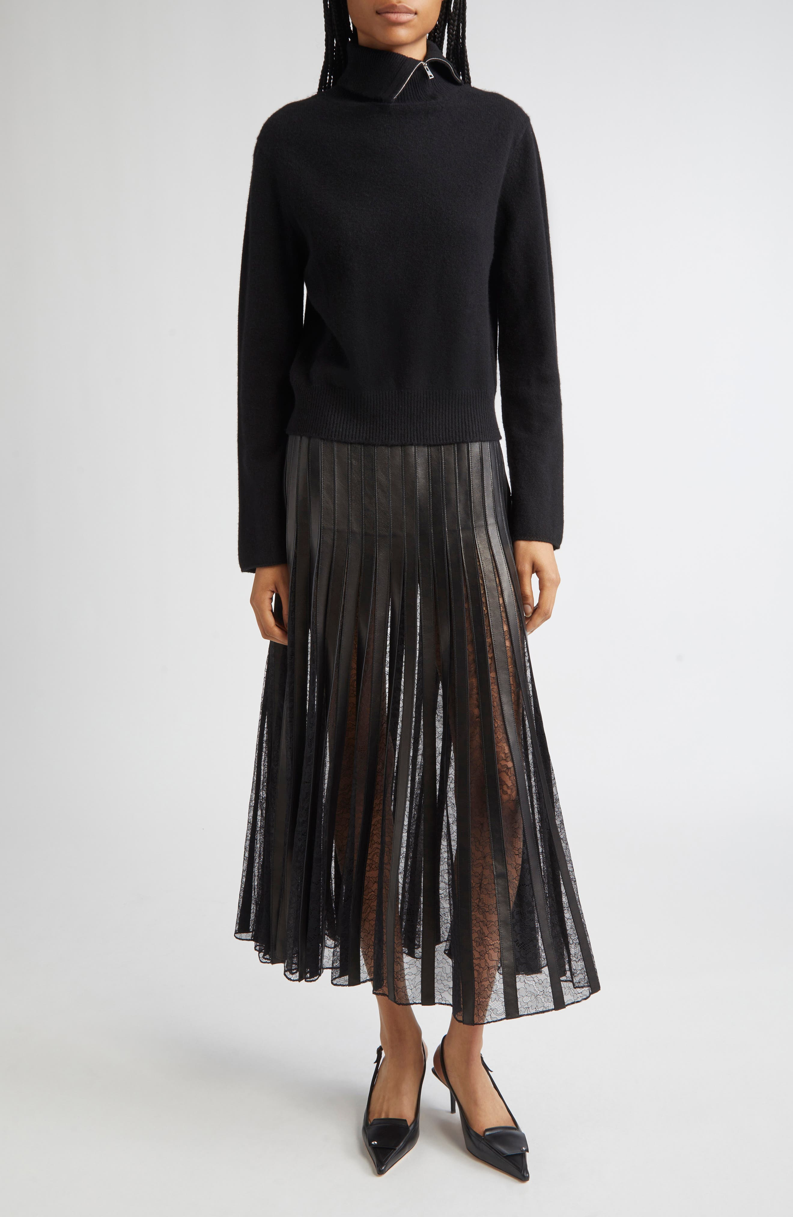 Brandon Maxwell Alix Leather Strip & Lace Skirt in Black at Nordstrom - 2