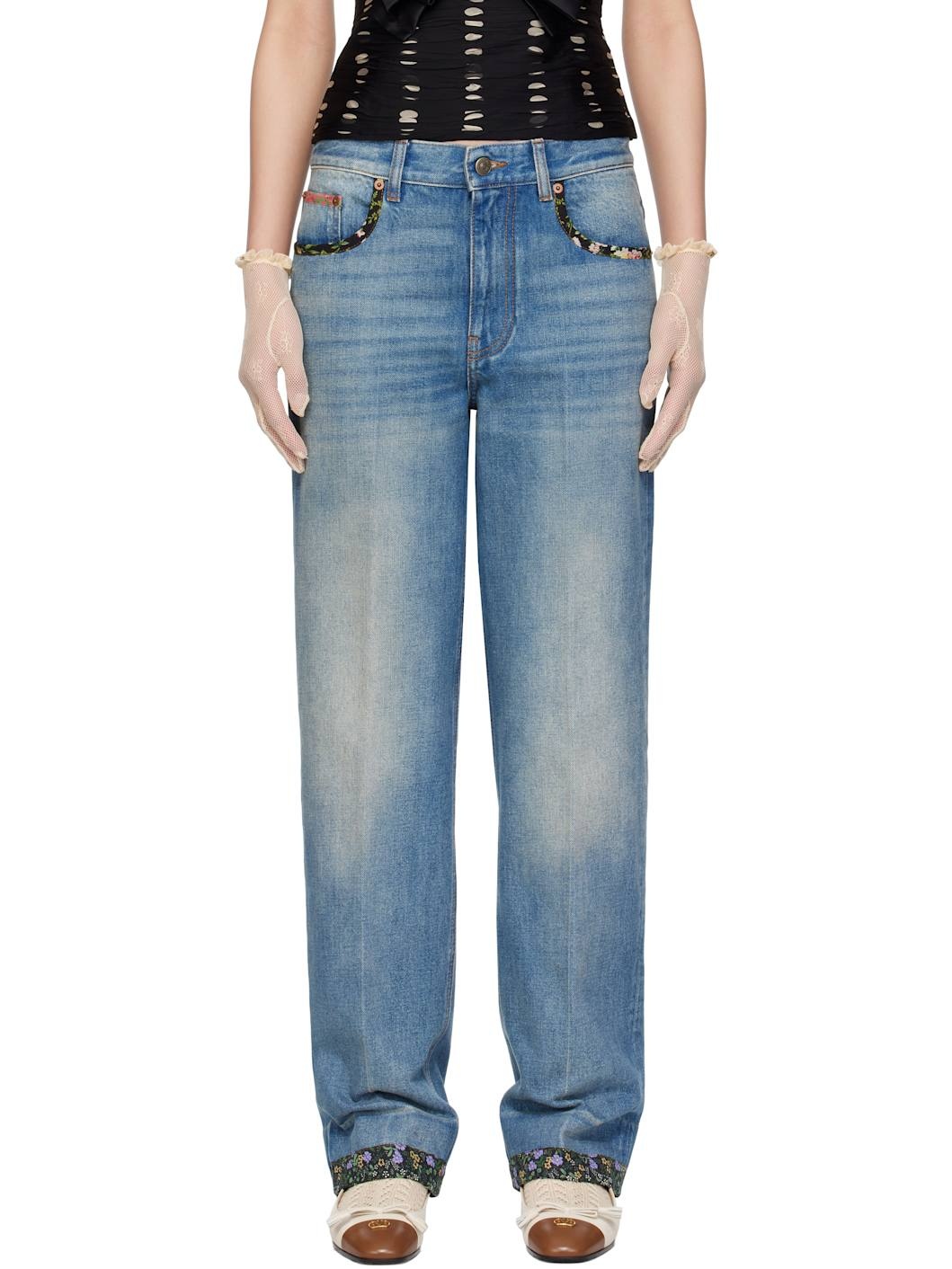 Blue Floral Print Hem Jeans - 1