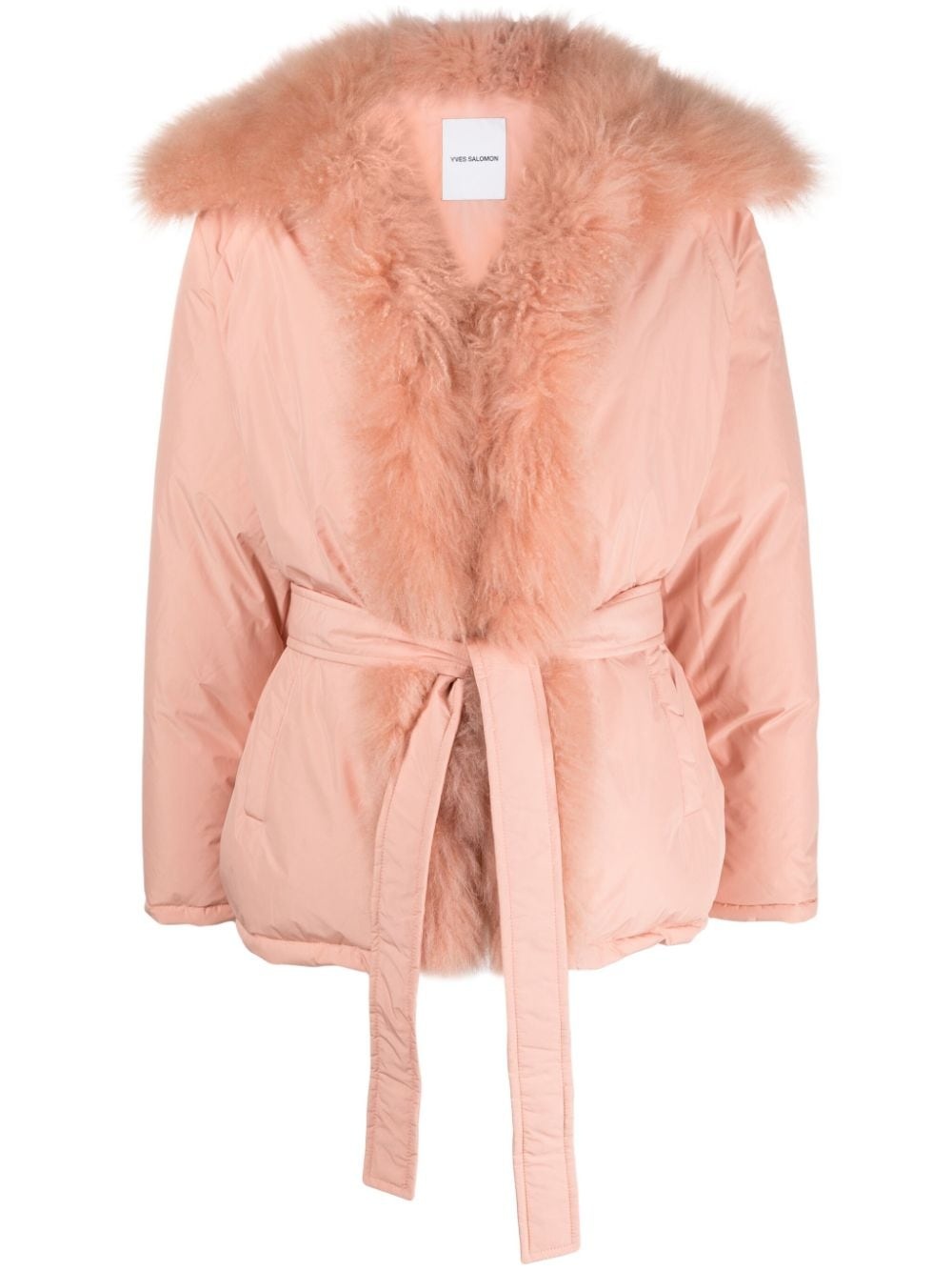 shearling-trim belted down jacket - 1