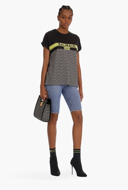 Bicolor cotton jacquard T-shirt with lime green Balmain logo print - 2