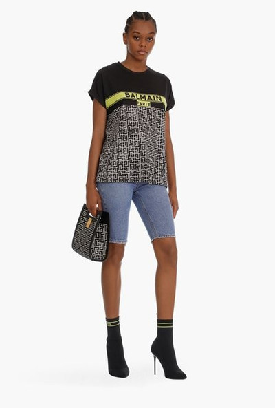 Balmain Bicolor cotton jacquard T-shirt with lime green Balmain logo print outlook