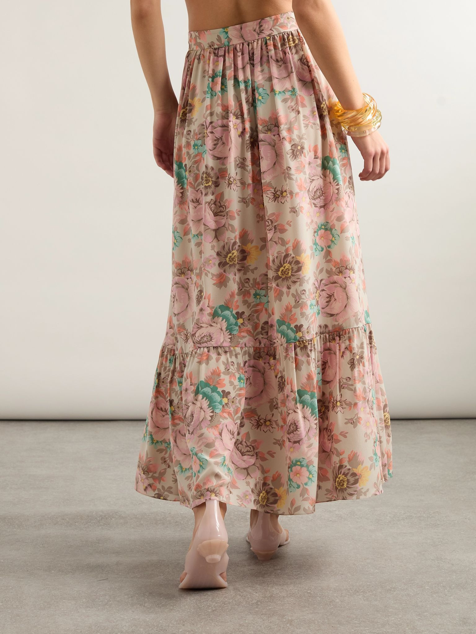 Belted floral-print silk crepe de chine maxi skirt Pink - 4