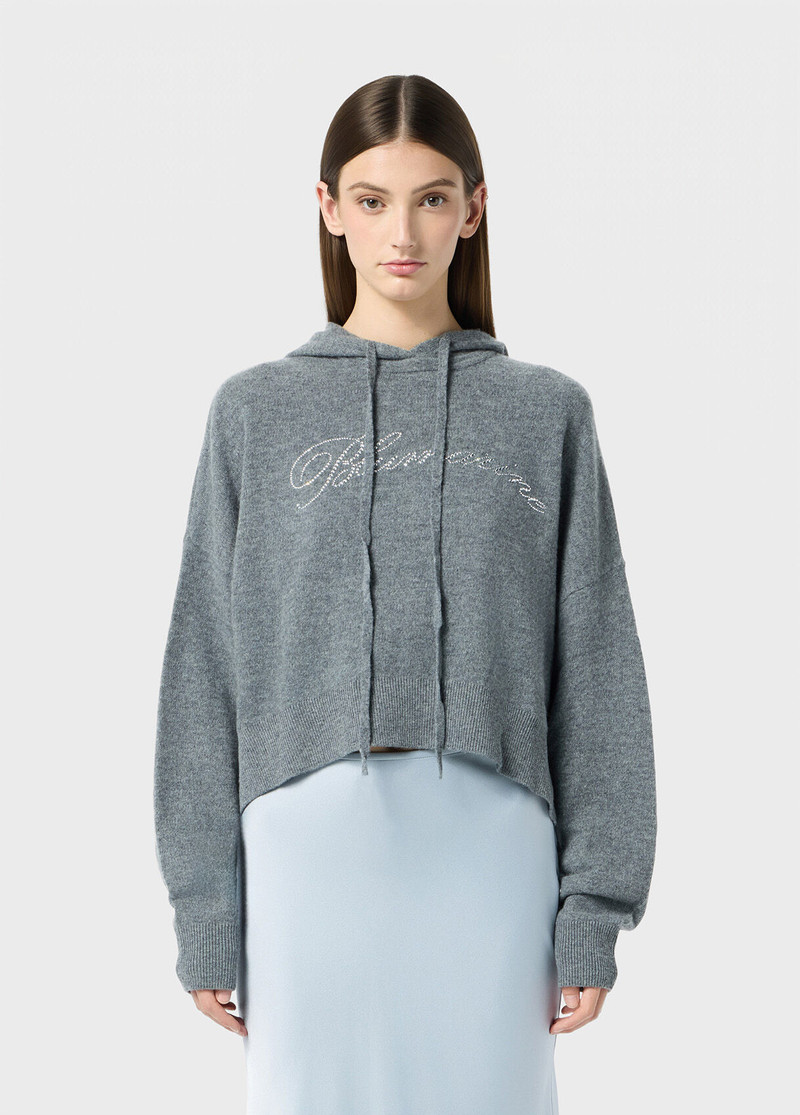 Blumarine WOOL HOODED SWEATER WITH RHINESTONE LOGO outlook