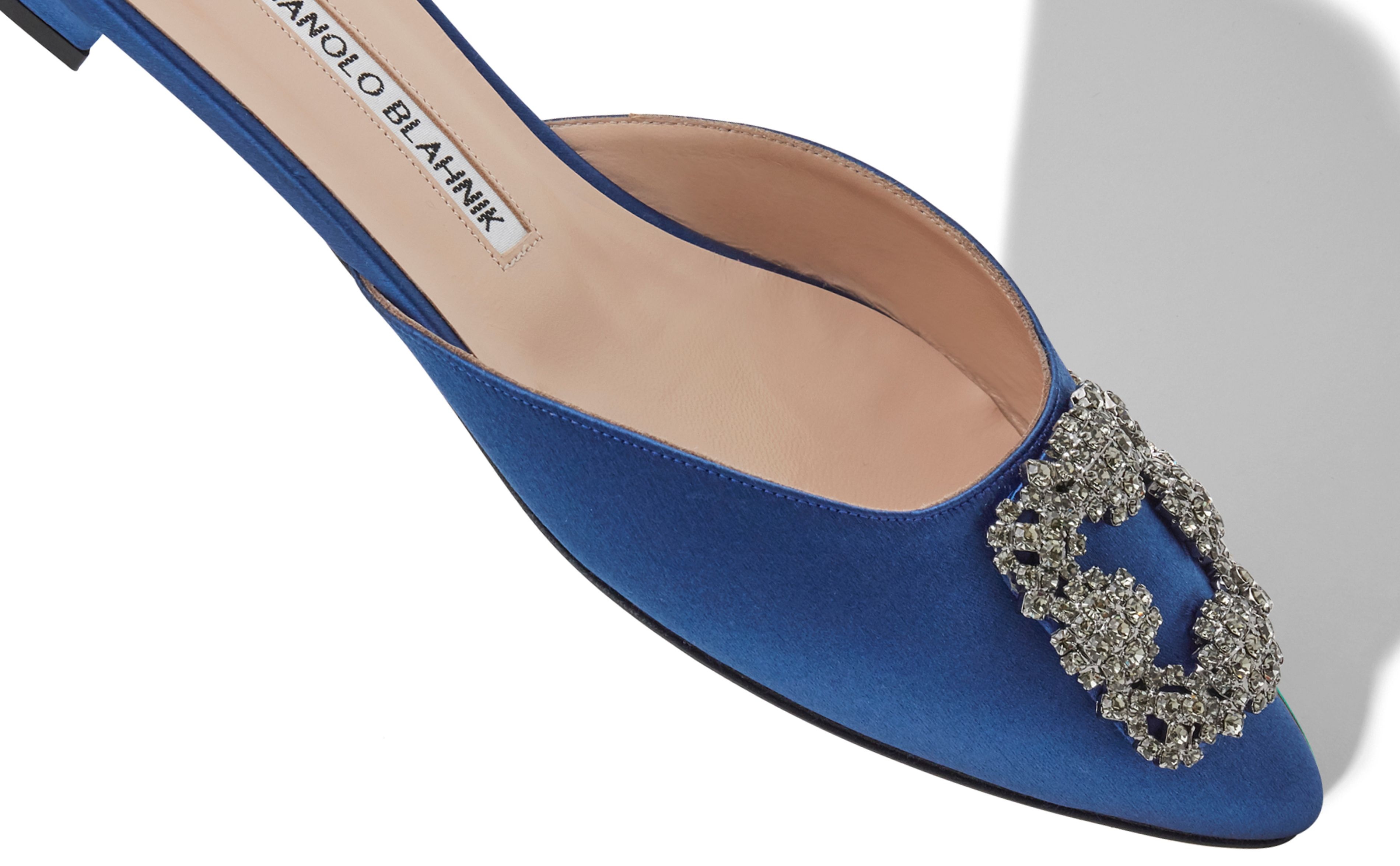 Blue Satin Jewel Buckle Flat Mules - 4