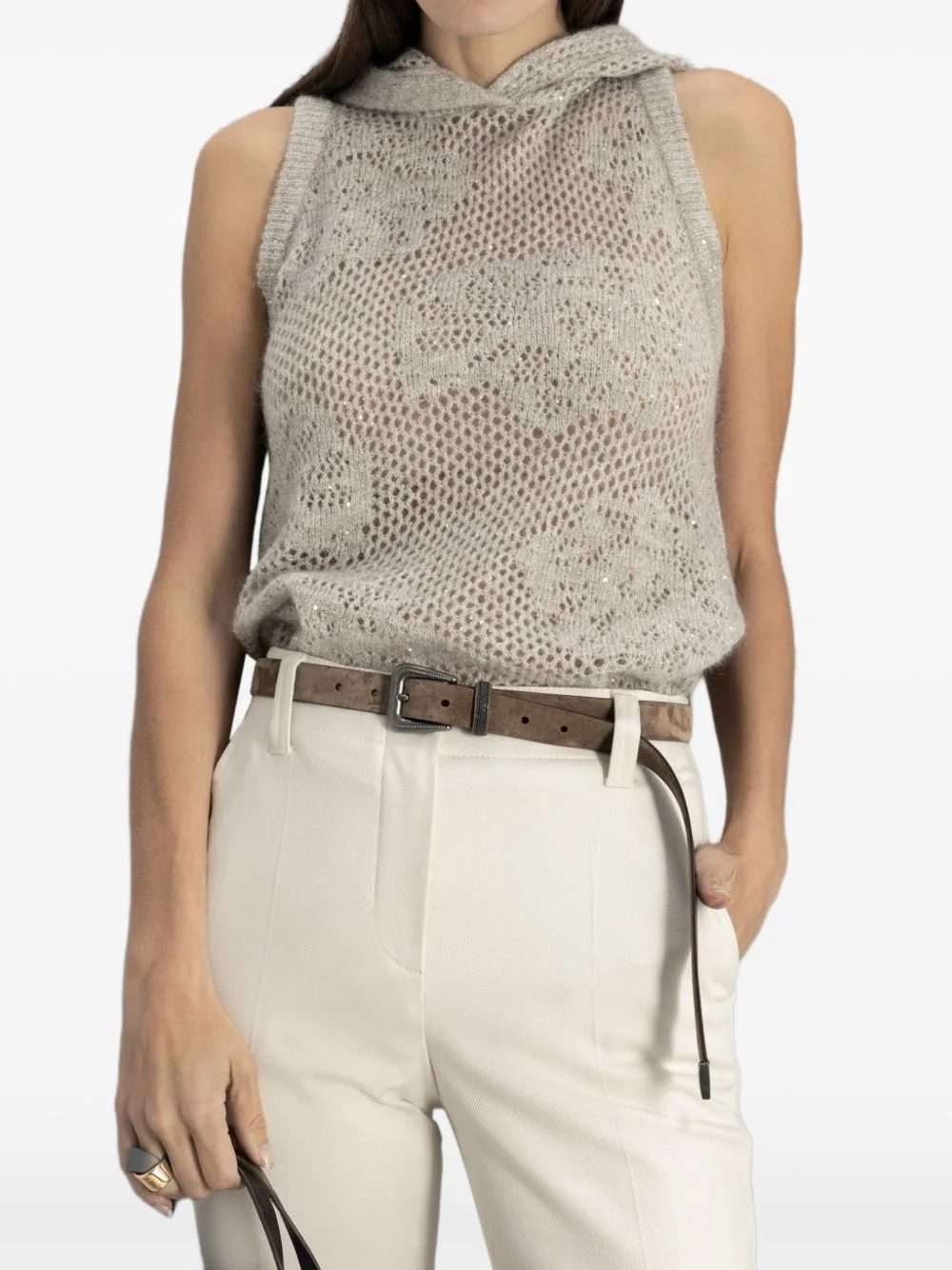sequin-embellished hooded open-knit vest - 1