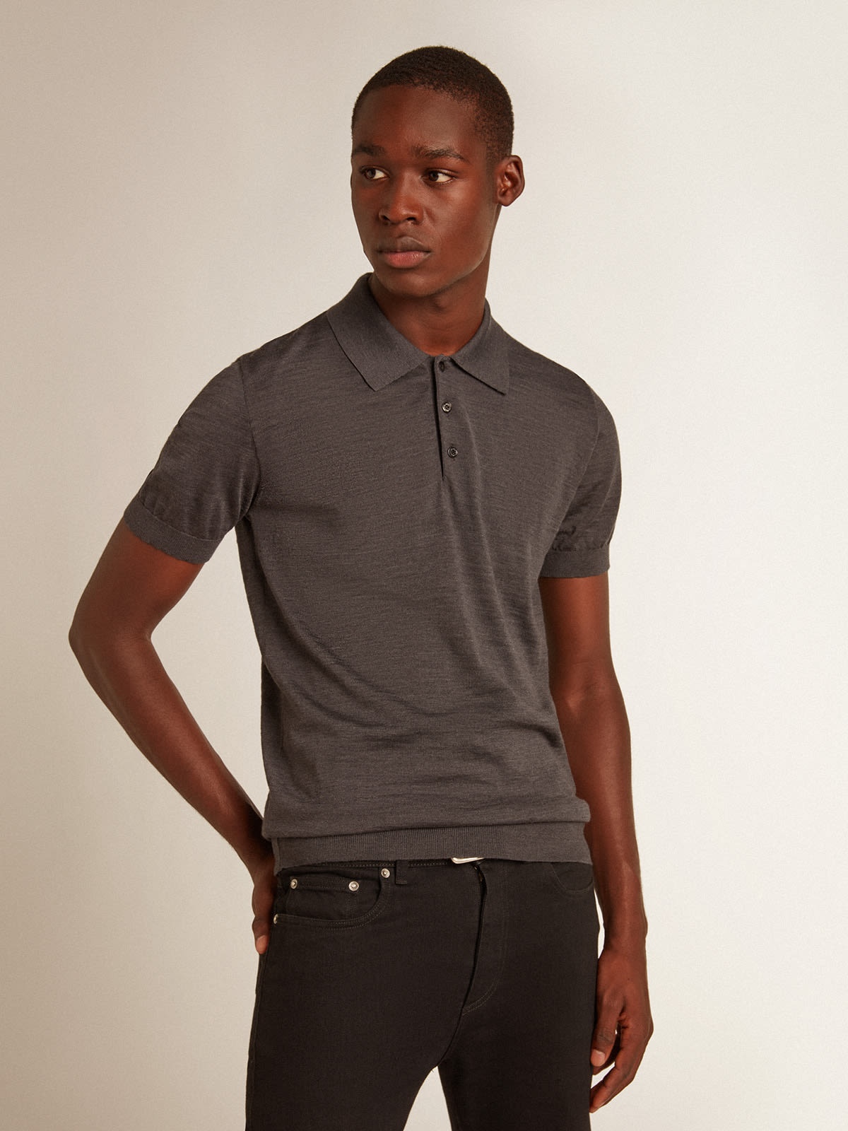 Men’s short-sleeved polo shirt in gray merino wool - 5