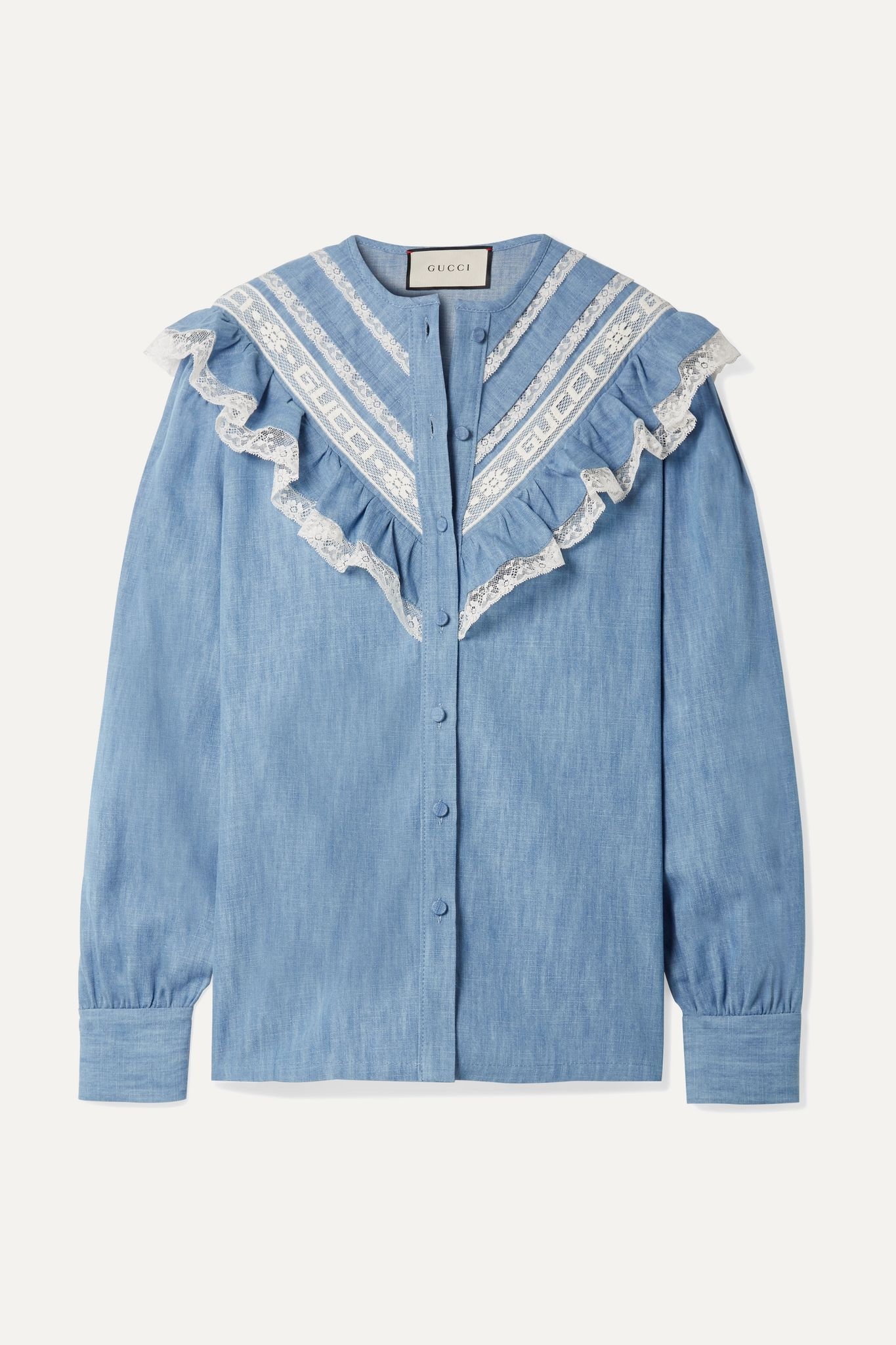 Lace-trimmed cotton-chambray shirt - 1