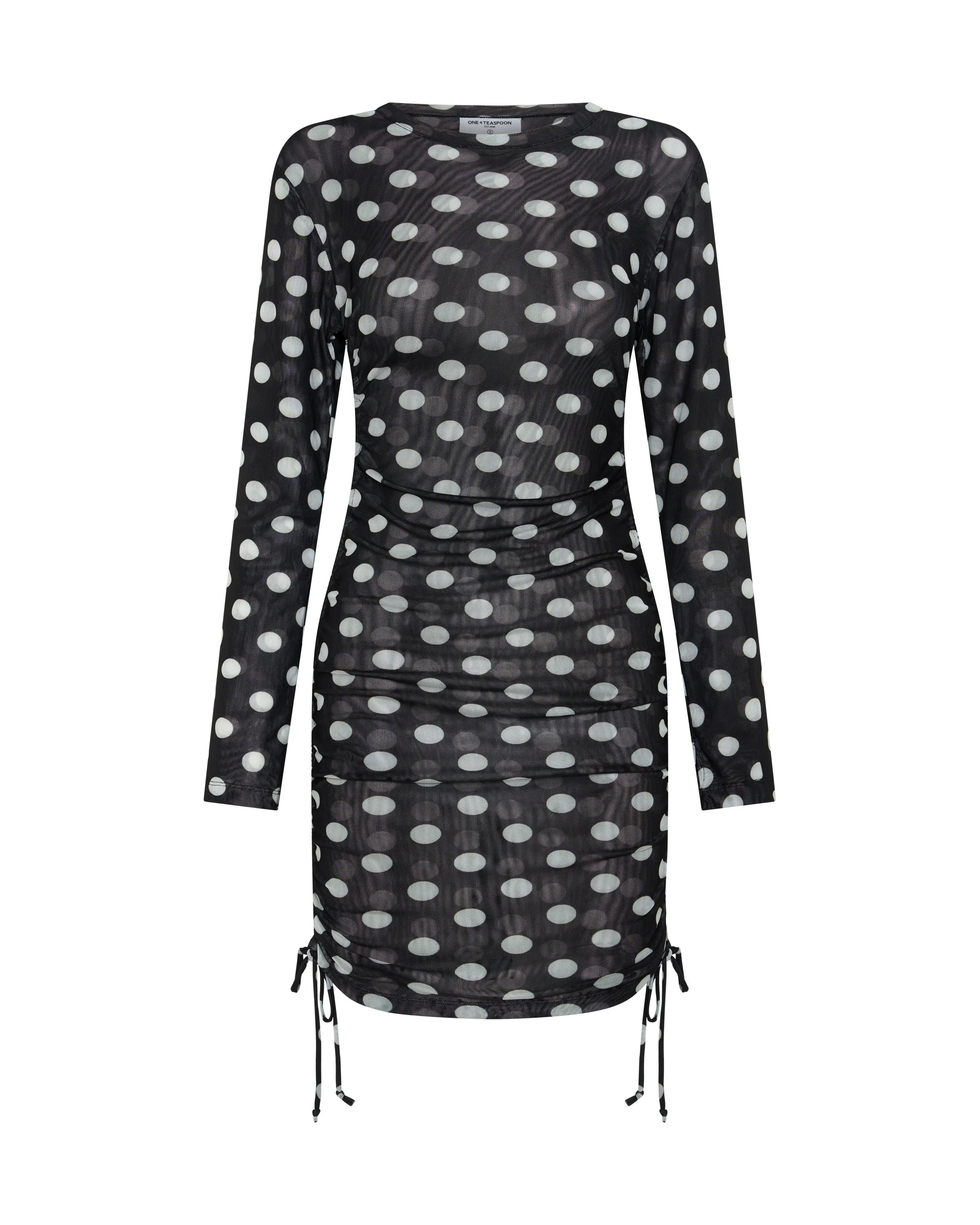 Polka Darling Sheer Mesh Ruched Mini Dress - Black & White Polka Dot - 1