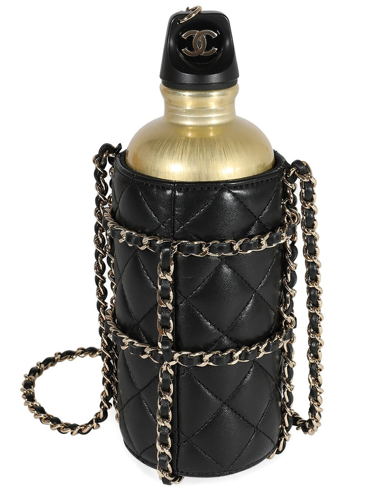 Chanel Gold Metal Water Bottle & Black Quilted Lambskin Holder (Authentic Pre-Loved) 1