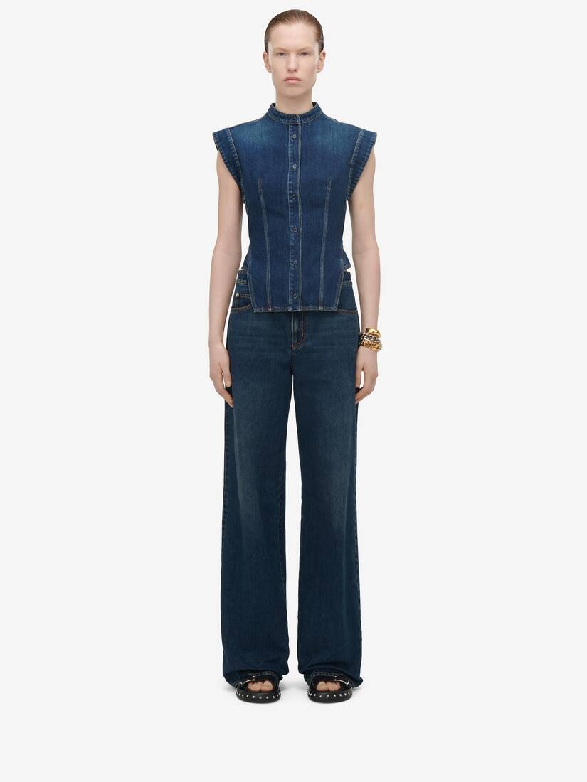 Women's Cap Sleeve Denim Shirt in Indigo - 3