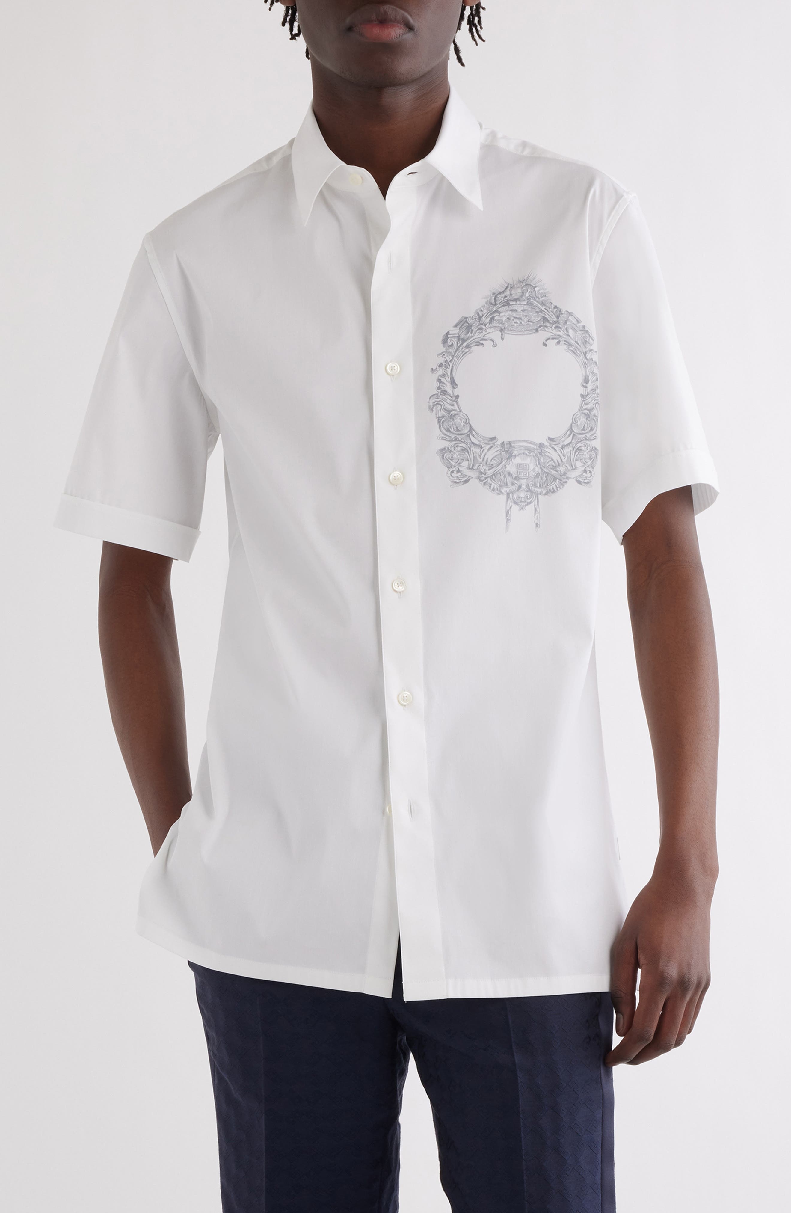 Givenchy Military Short Sleeve Cotton Blend Button-Up Shirt in White at Nordstrom - 1