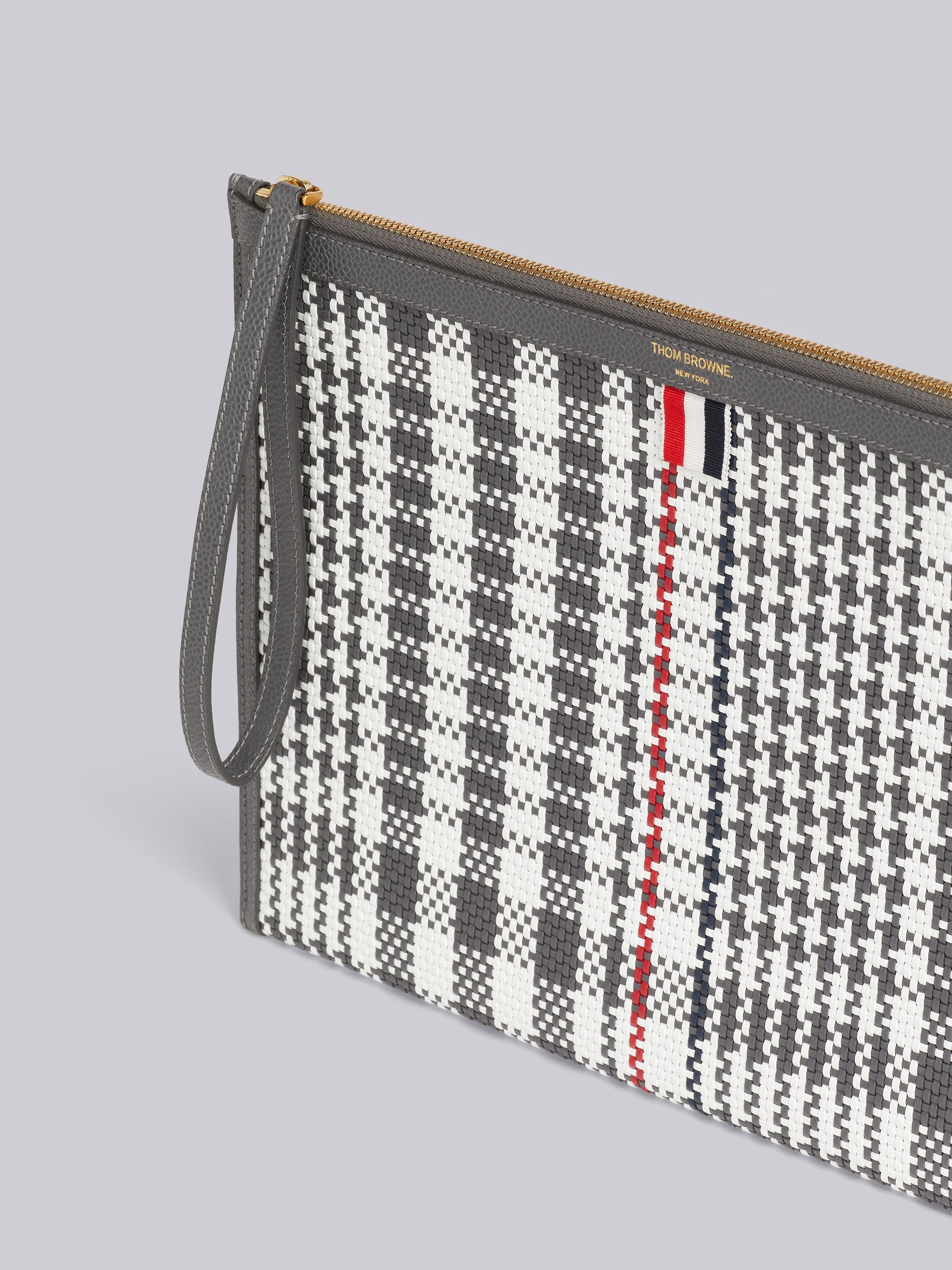 Dark Grey Calf Check Weaving Leather Frame Medium Document Holder With Wristlet - 2
