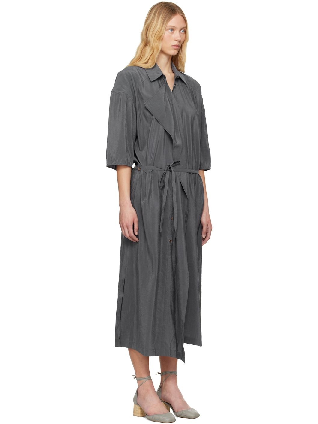 Gray Asymmetrical Shirt Midi Dress - 2