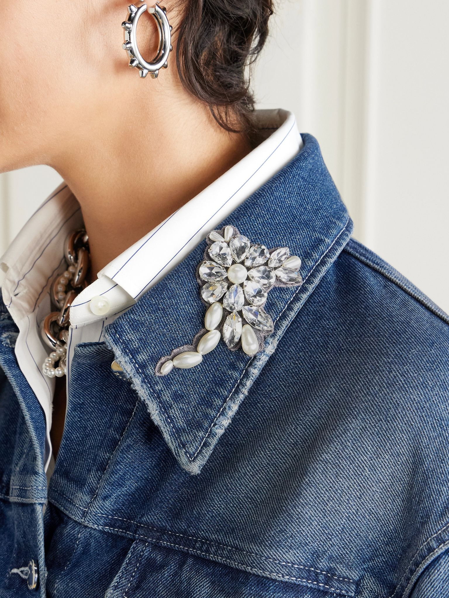 Belted embellished denim jacket Mid denim - 7