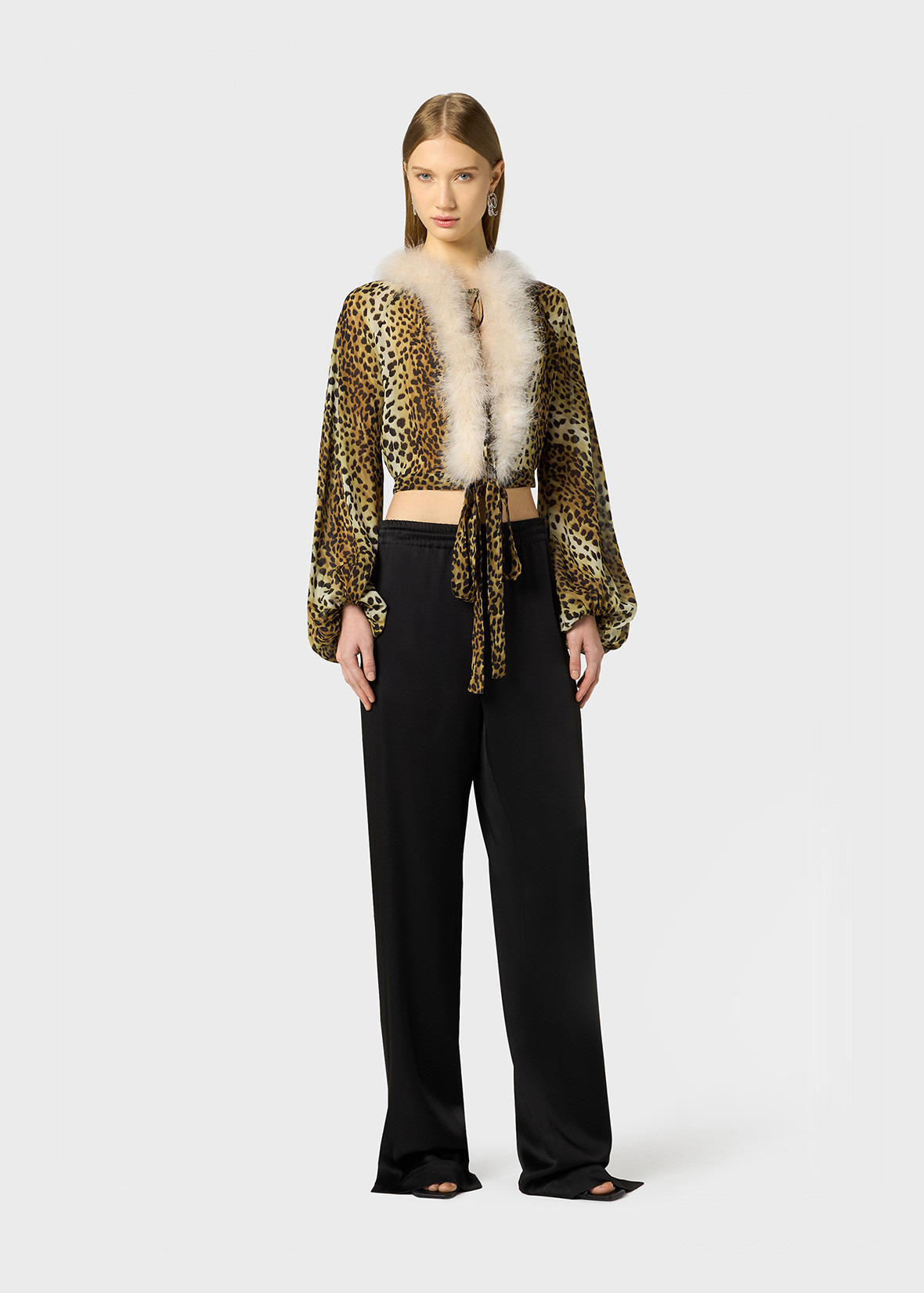 PRINTED GEORGETTE SHIRT WITH FEATHER-TRIMMED NECKLINE - 2