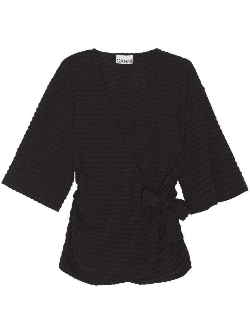 V-neck seersucker tied blouse 1