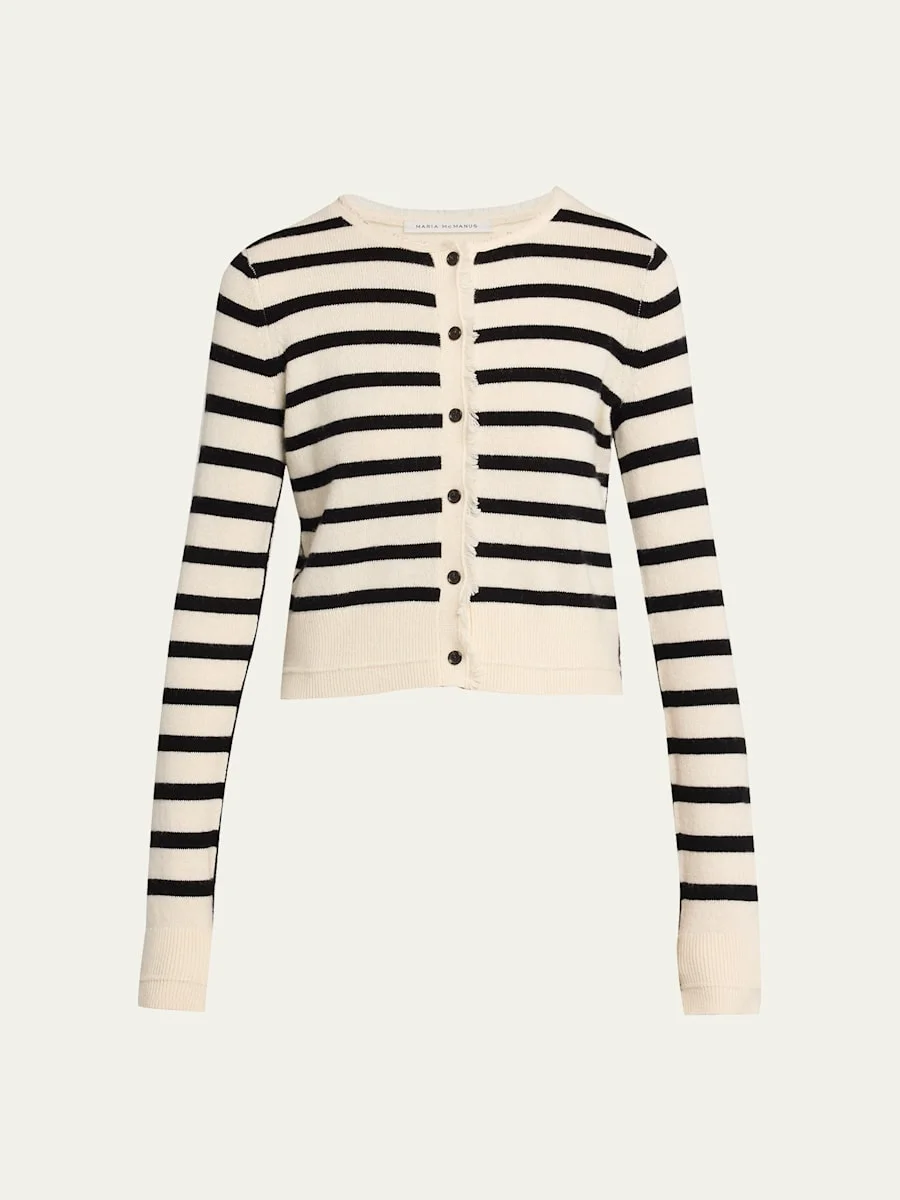 Cashmere and Cotton Stripe Petite Fringe-Trim Cardigan - 1
