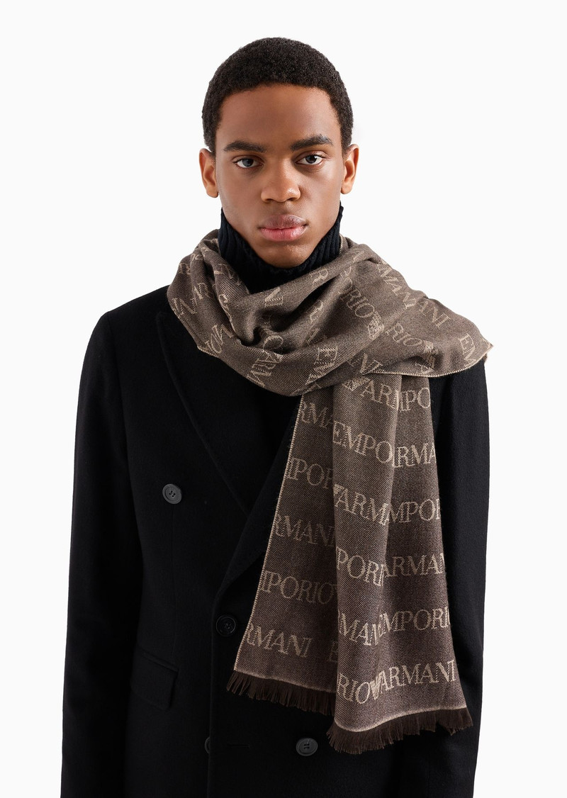 Virgin-wool blend scarf with jacquard logo lettering and fringes 3