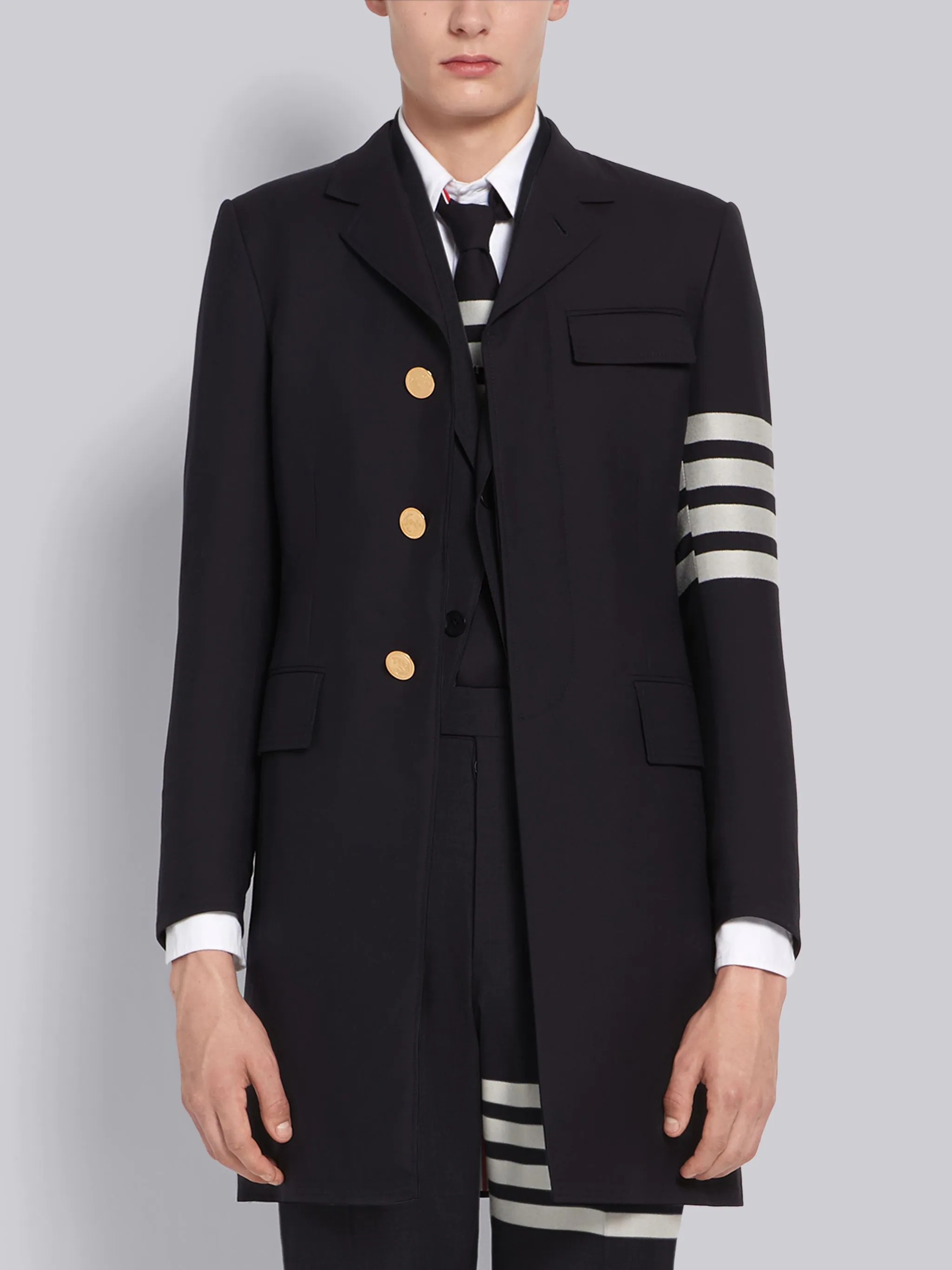 Navy Wool 4-Bar High Armhole Overcoat - 1