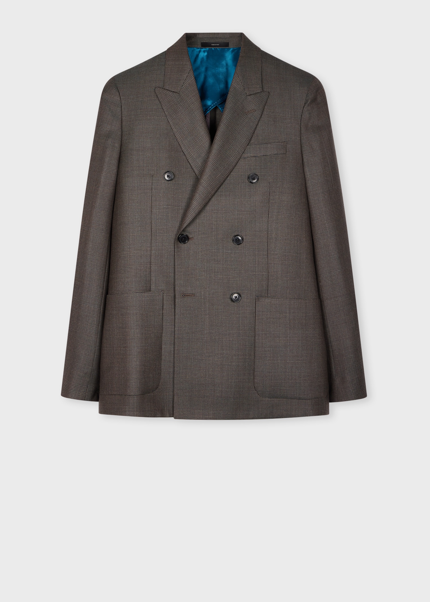 Tailored-Fit Brown Double-Breasted Melange Check Wool Blazer - 1
