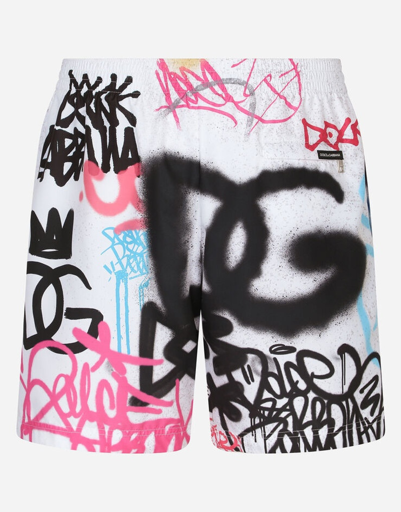 Mid-length swim trunks with spray-paint graffiti print 1