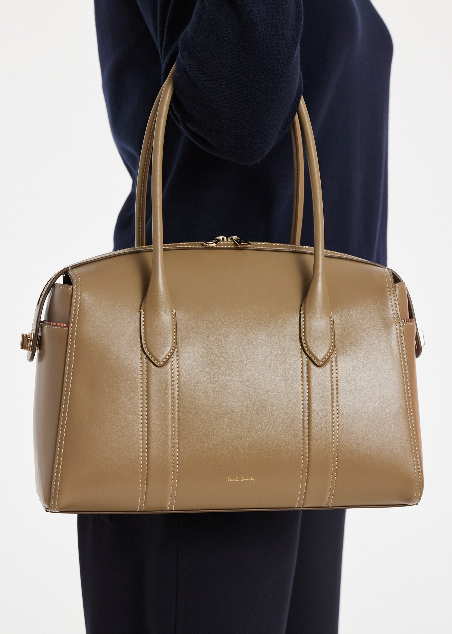 Women's Khaki Smooth Leather Boston Bag - 8