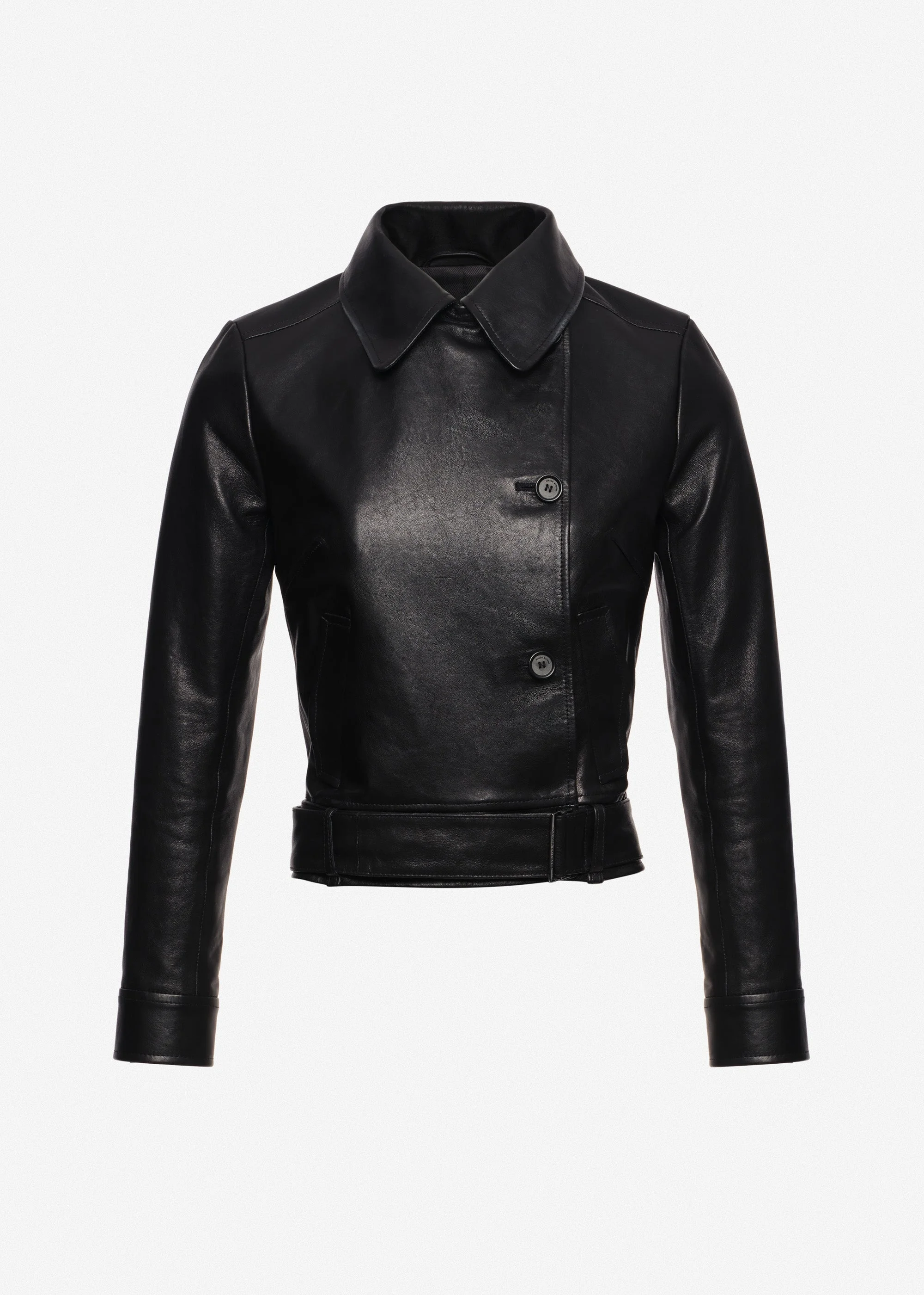 Fitted leather jacket with waist belt in black - 1