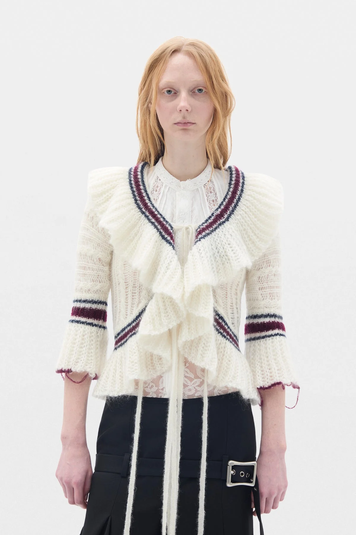 Udna Cable Knit Ladder Stich Cardigan With Ruffles - 1