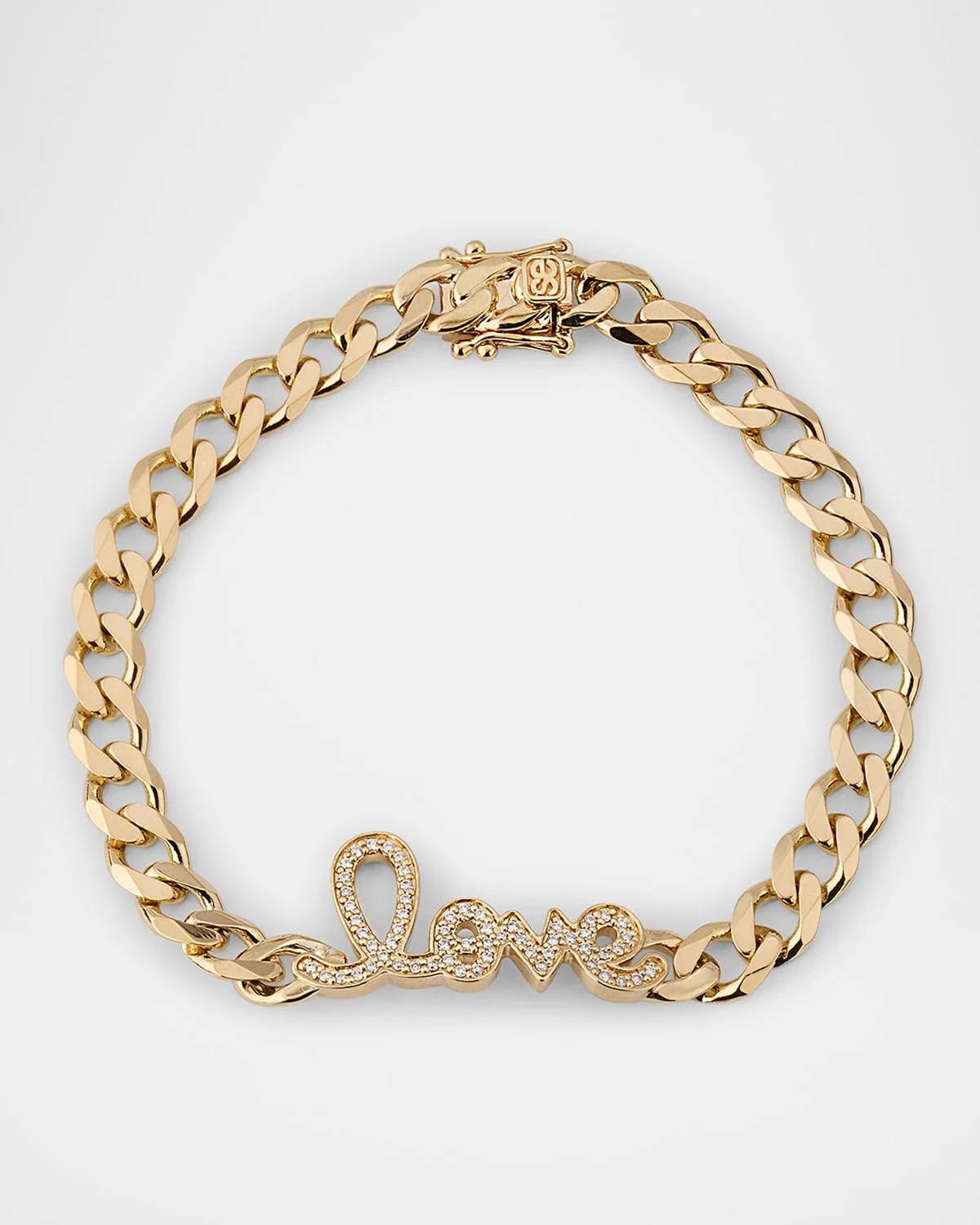 14K Yellow Gold and Diamond Love Script Curb Link Chain Bracelet - 1
