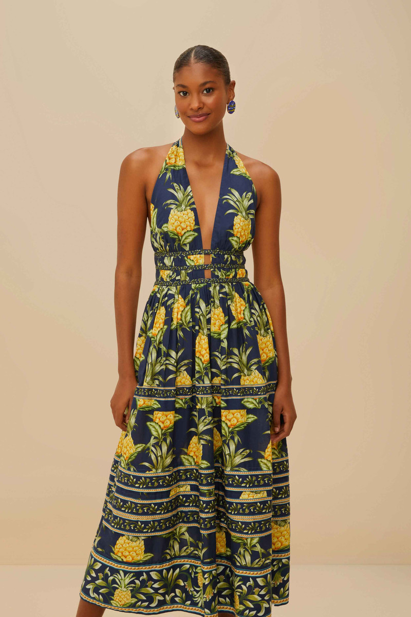 Delicate Pineapple Navy Blue Midi Dress Sleeveless 3