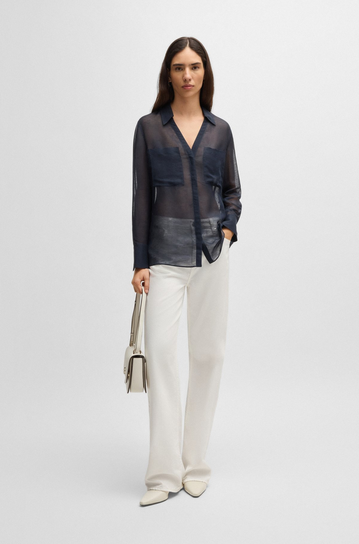 V-NECK BLOUSE IN RAMIE WITH COLLAR DETAIL - 3