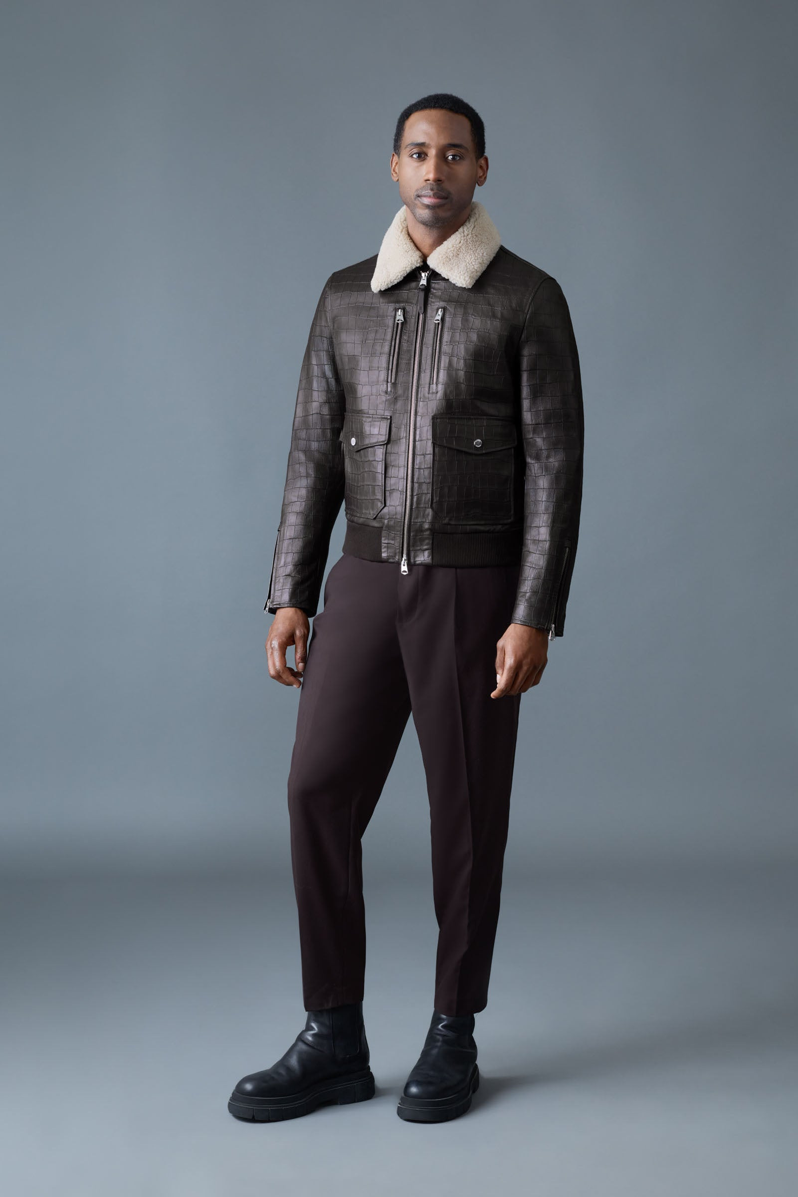 CHANCE-NV Croc-Embossed Leather Jacket with Shearling Collar - 3