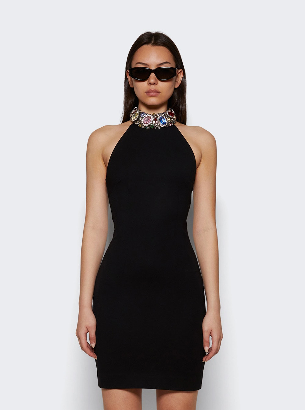 Crystal Gemstone Cluster Halter Mini Dress Black - 2