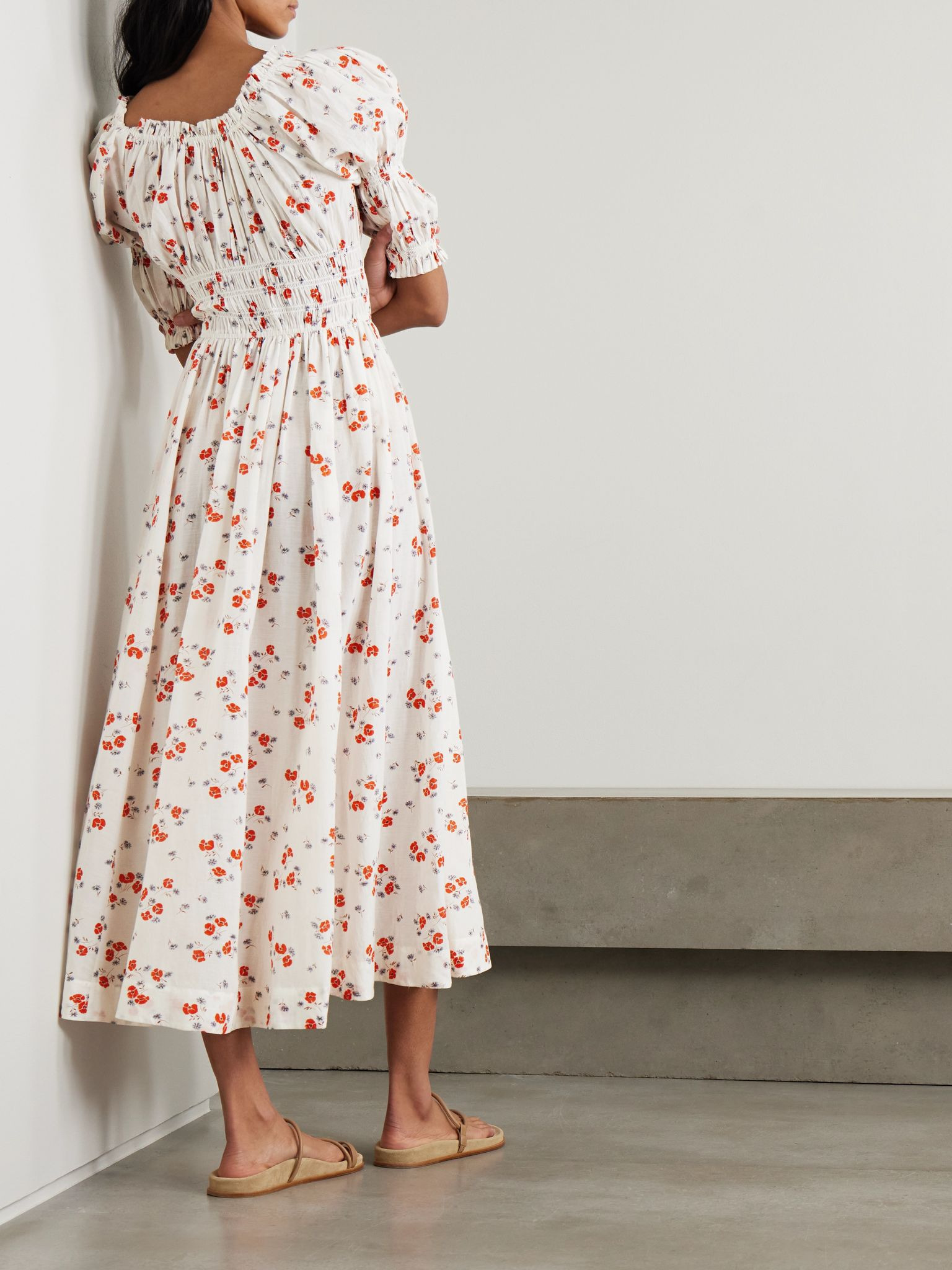 Ischia shirred floral-print organic cotton-blend voile midi dress White - 3