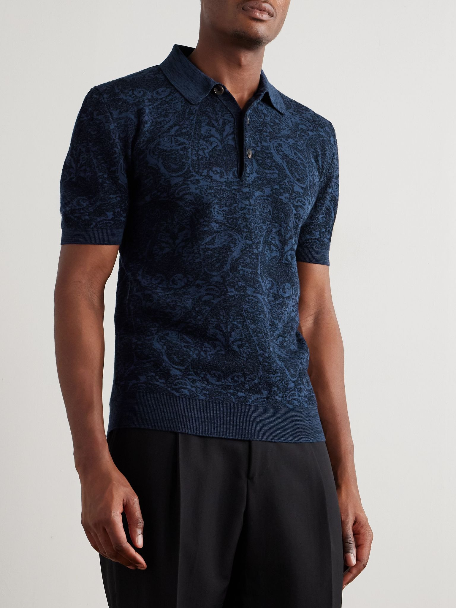 Slim-Fit Paisley-Jacquard Cotton-Blend Polo Shirt Navy - 3