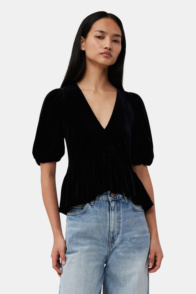 GANNI BLACK VELVET JERSEY V-NECK BLOUSE outlook