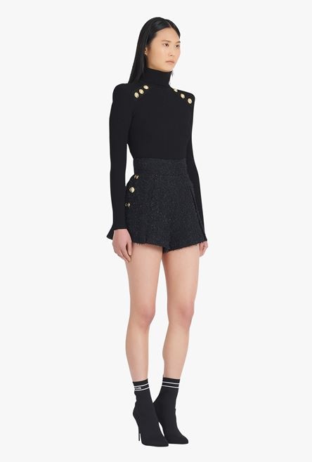 High-waisted black tweed shorts - 7