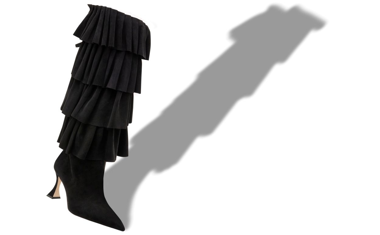 Black Suede Ruffled Knee High Boots - 2