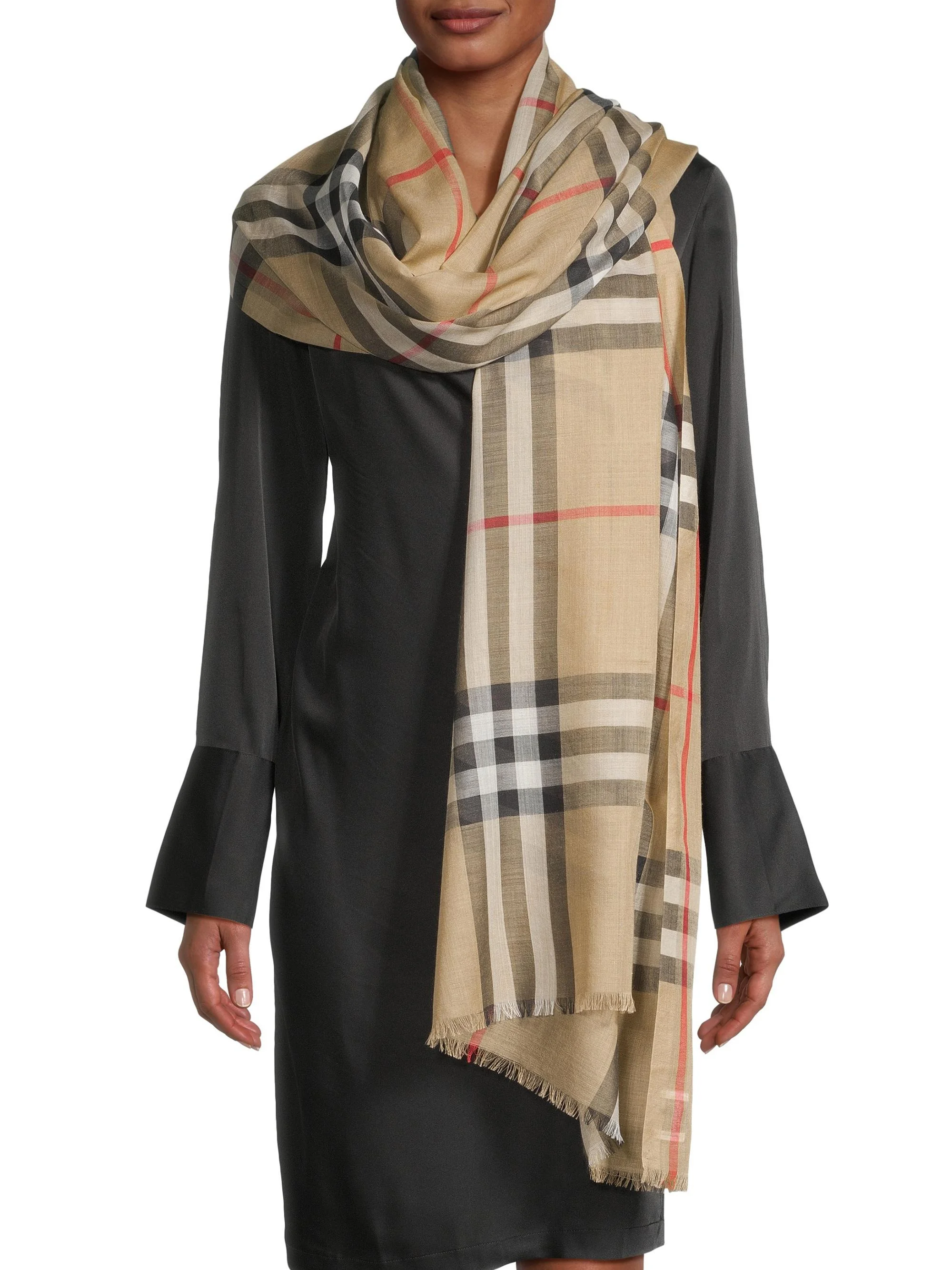 Women's Giant Check Wool-Silk Gauze Scarf - Archive Beige - 1