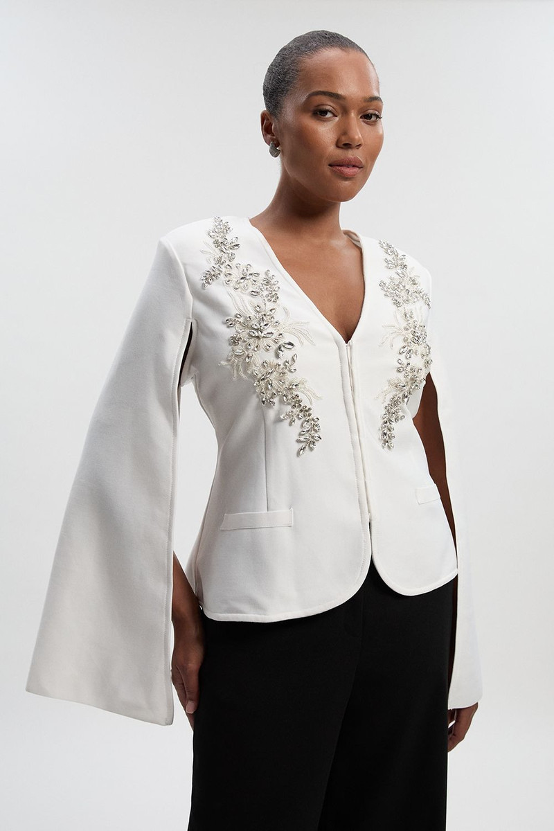 Plus Size Bandage Form Fitting Cape Sleeve Embellished Jacket 1