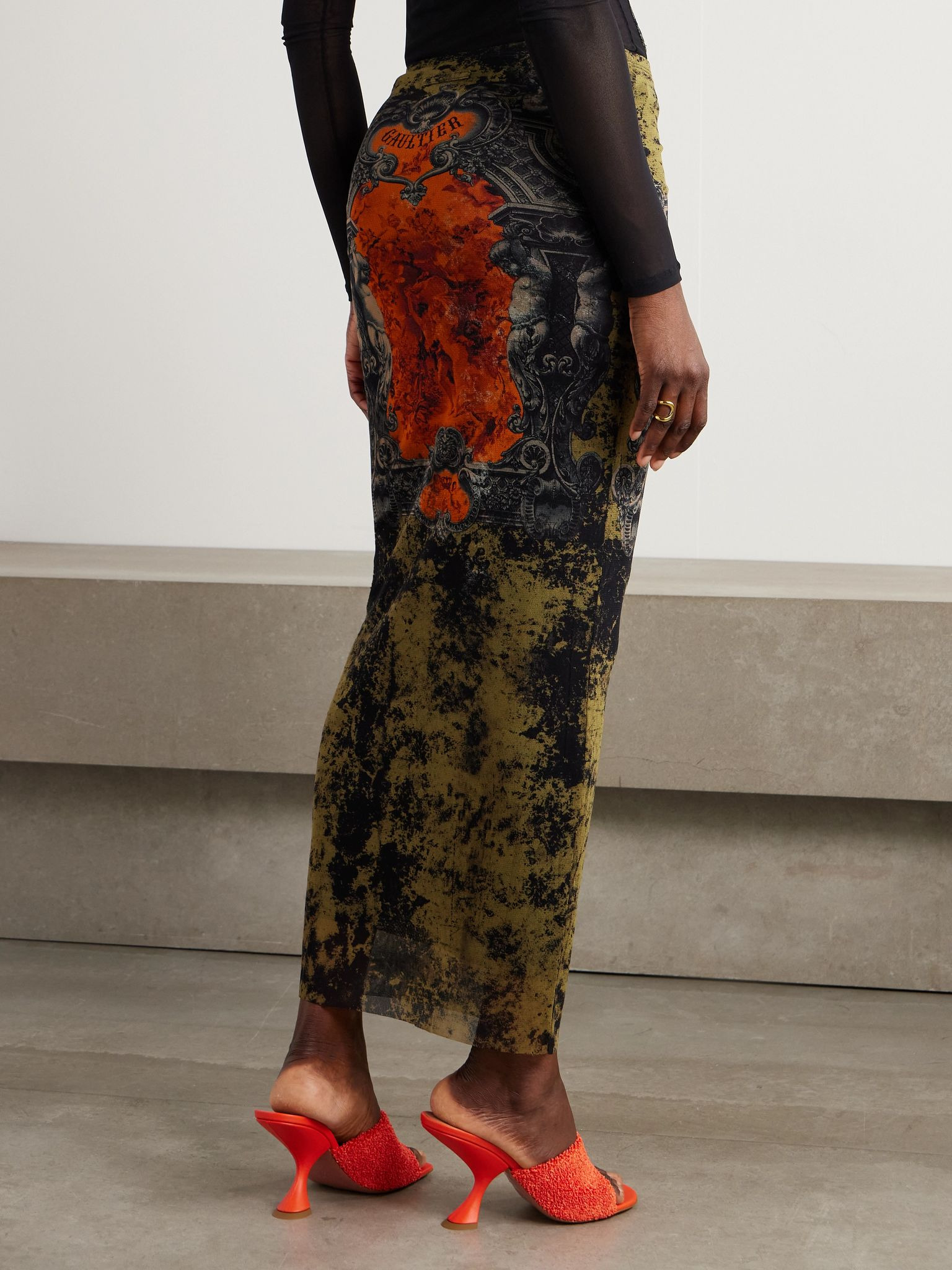 Printed mesh midi skirt Orange - 3